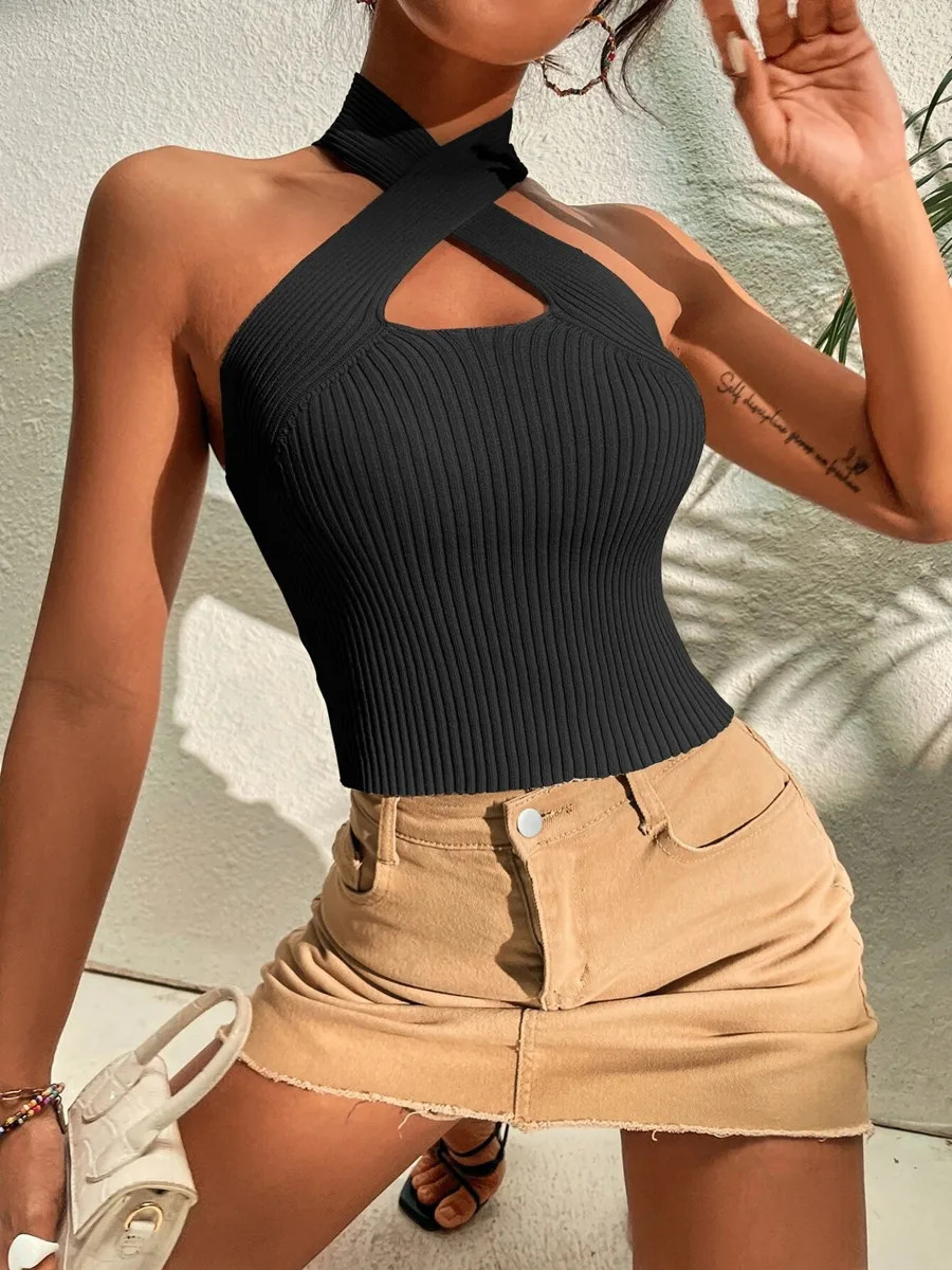 Womwen Summer Fashion Criss Cross Ribbed Knit Halter Crossfit Y2K Crop Top Clothes Femme Sexy Casual Backless Cropped Tank 250417