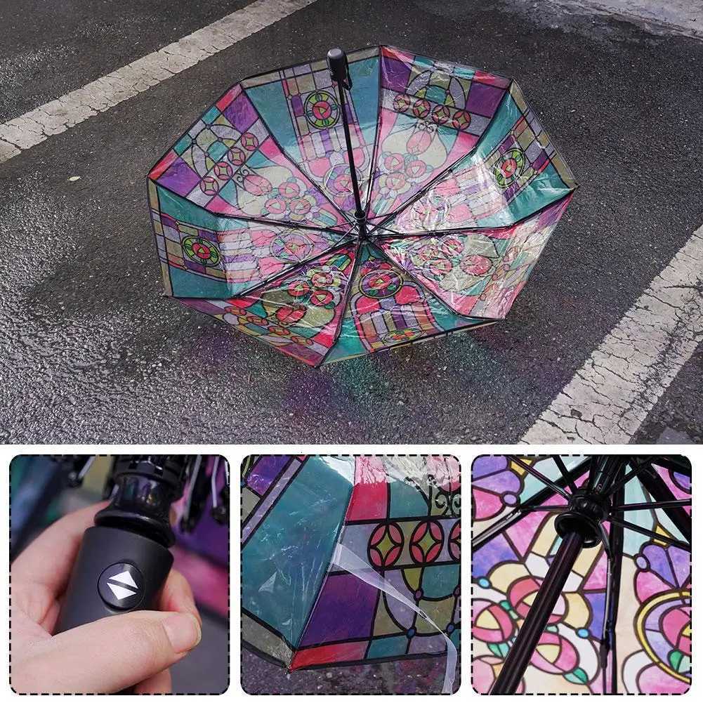 Creative Automatic Umbrella Three-fold Transparent Unique Colorful Glass Pattern Long Handle Ultra-large Lightweight Umbrella C251117
