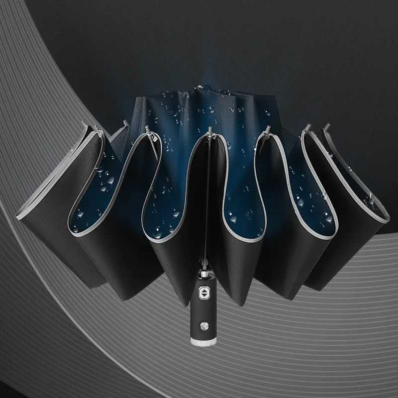 New Auto Open Close Light-emitting LED Reverse Umbrella Ten-bones Three-folding Automatic Business Umbrella with Light C251117