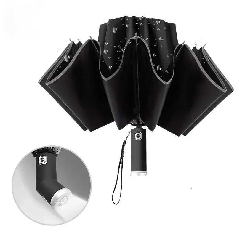 Windproof Automatic Umbrella With LED Flashlight Reflective Stripe Reverse Light Umbrellas Rain Men Women Large Folding Parasol C251117
