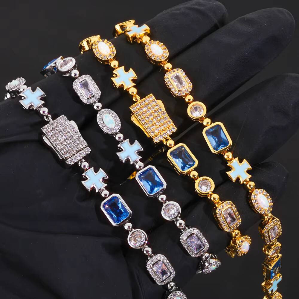 NUOYA 6mm Geometric Gemstone Necklace Oil Drip Cross Pendant Iced Out CZ Stones Hip Hop Jewelry Chain