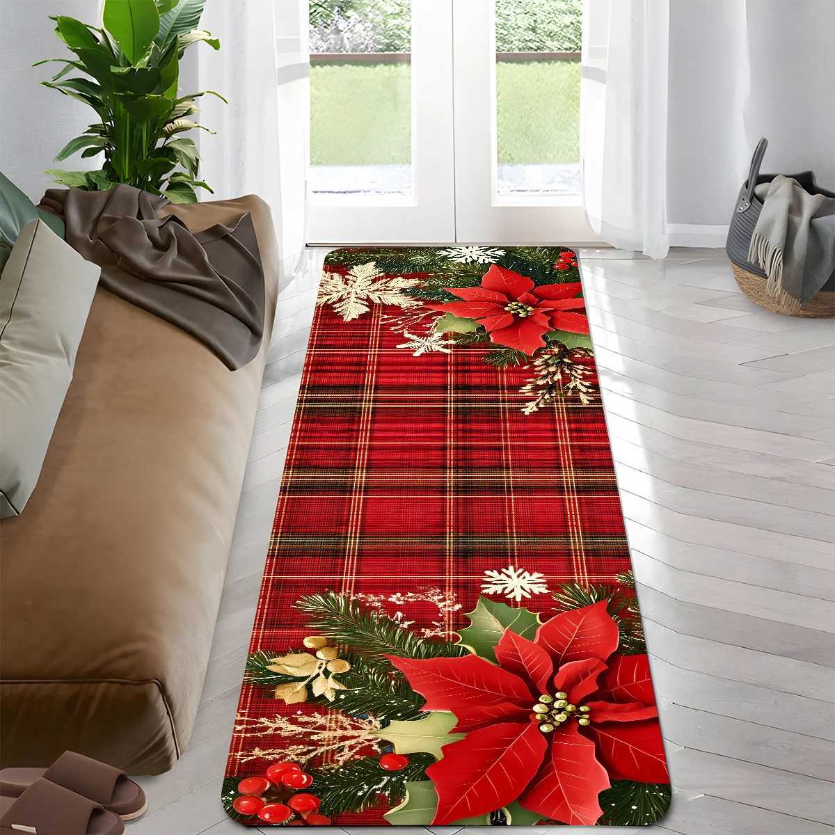 VIKAMA Christmas Light Red Plaid Pine Needle Corridor Carpet Running Non-Slip Carpet Bedside Sofa Side Cushion Home DecorationM251117