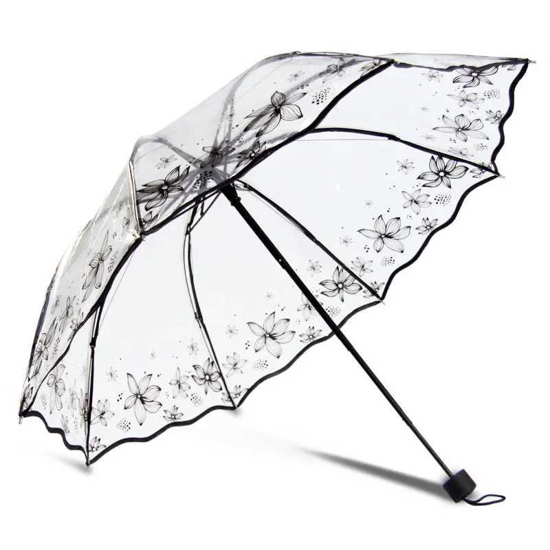 Transparent Thicken Three Fold Women Men Rain Umbrella Romantic PVC Clear Automatic Umbrellas Flower Printed Umbrella C251117