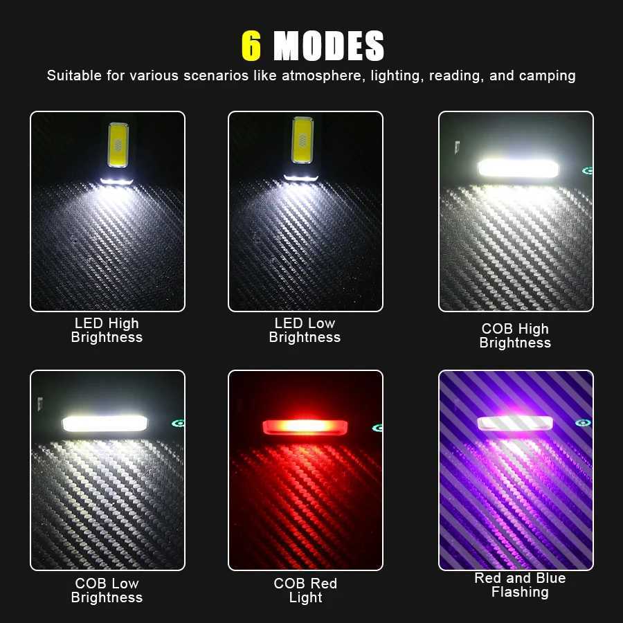 Portable RechargeableLED COB Dual Light Source Handheld Flashlights With 6 Lighting Modes/Magnet Mini Clip Flood Work Light M251117