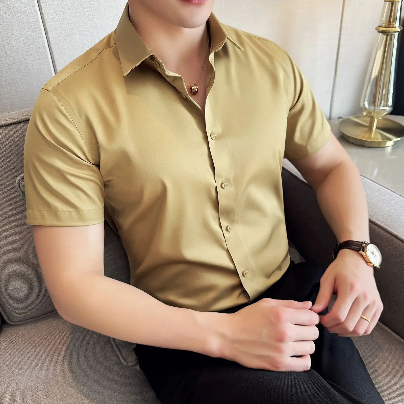 S~6XL increase summer mercerized satin short sleeve shirt ice silk cool half sleeve solid color business casual men shirt 250417