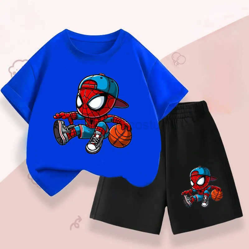 Disney Summer Boys Breathable T Shirt Shorts Two Piece Set Disney Anime Spiderman Kids Casual Outfits Child Short Sleeved Top Suit W20250417