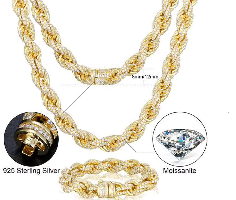 Luxury 8mm 12mm Moissanite Setting Rope Chain 925 Sterling Silver Chain Hiphop Iced Out Silver Twist Chain