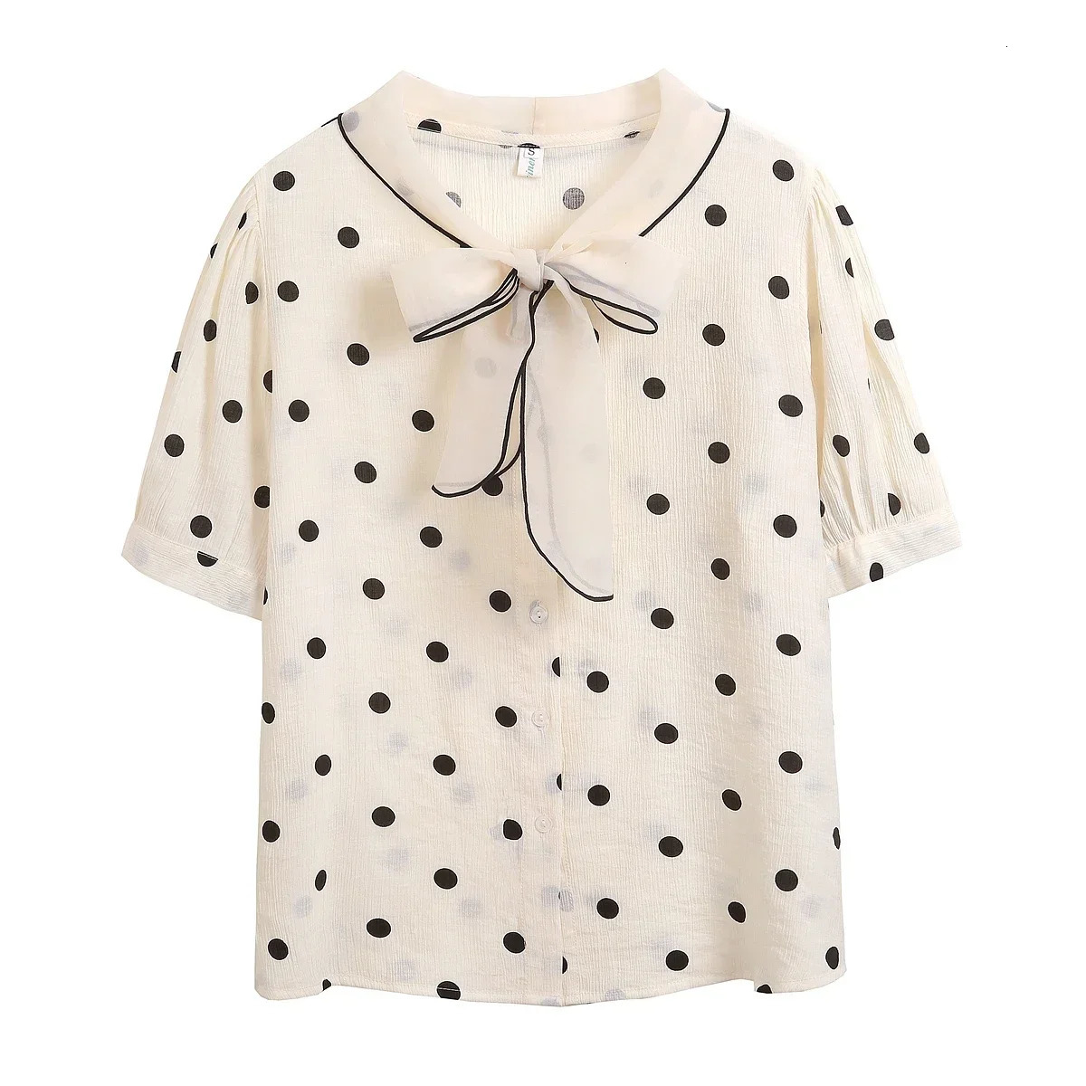 2025 Fashion Summer Short Sleeve Dot Women Shirt Bow Collar Chiffon Shirt Blouse Women Tops Camisas Blusas Camisas De Mujer G459 250417