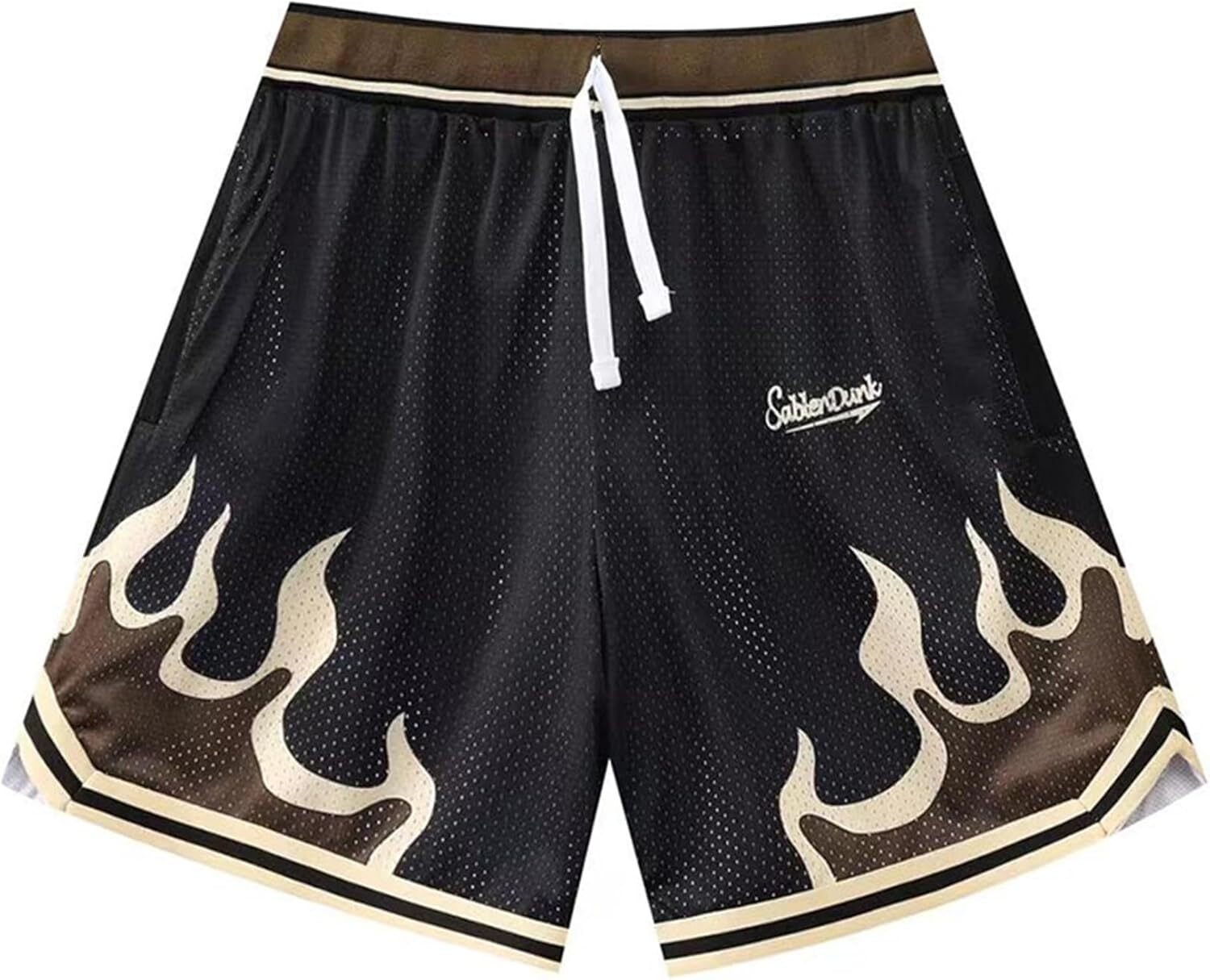 Men's flame patterned basketball cool running shorts, drawstring waist casual sports shorts