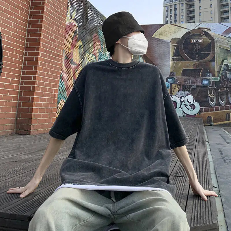 Harajuku Y2k Man Washed T-shirts Loose 100% Cotton Y2k Clothing Vintage Short Sleeve Crew Neck Tee Male Gothic Tops Summer 250417