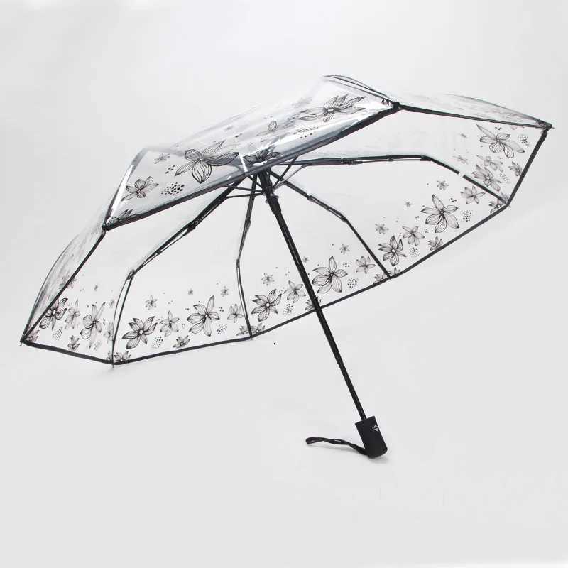 Transparent Thicken Three Fold Women Men Rain Umbrella Romantic PVC Clear Automatic Umbrellas Flower Printed Umbrella C251117