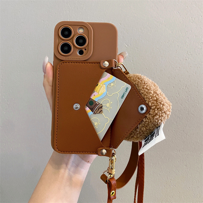 Plush Heart Card Holder Phone Case Compatible with iPhone 17/16 Pro Max Soft Crossbody Protective Case iPhone 17 Pro for Women