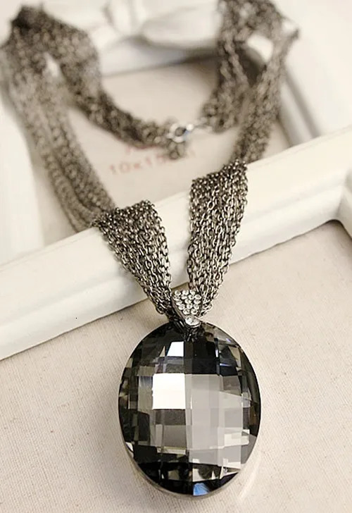 Gold Color Black Oval Glass Crystal Pendant Charm Multi-Chain Long Chain Necklaces for Women Summer Party Gift 251114