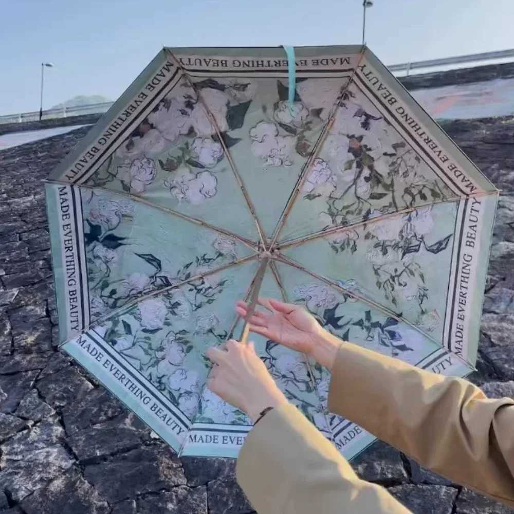 Double Layer Umbrella Wood Handle Vintage Floral Three Fold Umbrellas Foldable Uv Protection Sunshade Sun Protection Umbrellas C251117