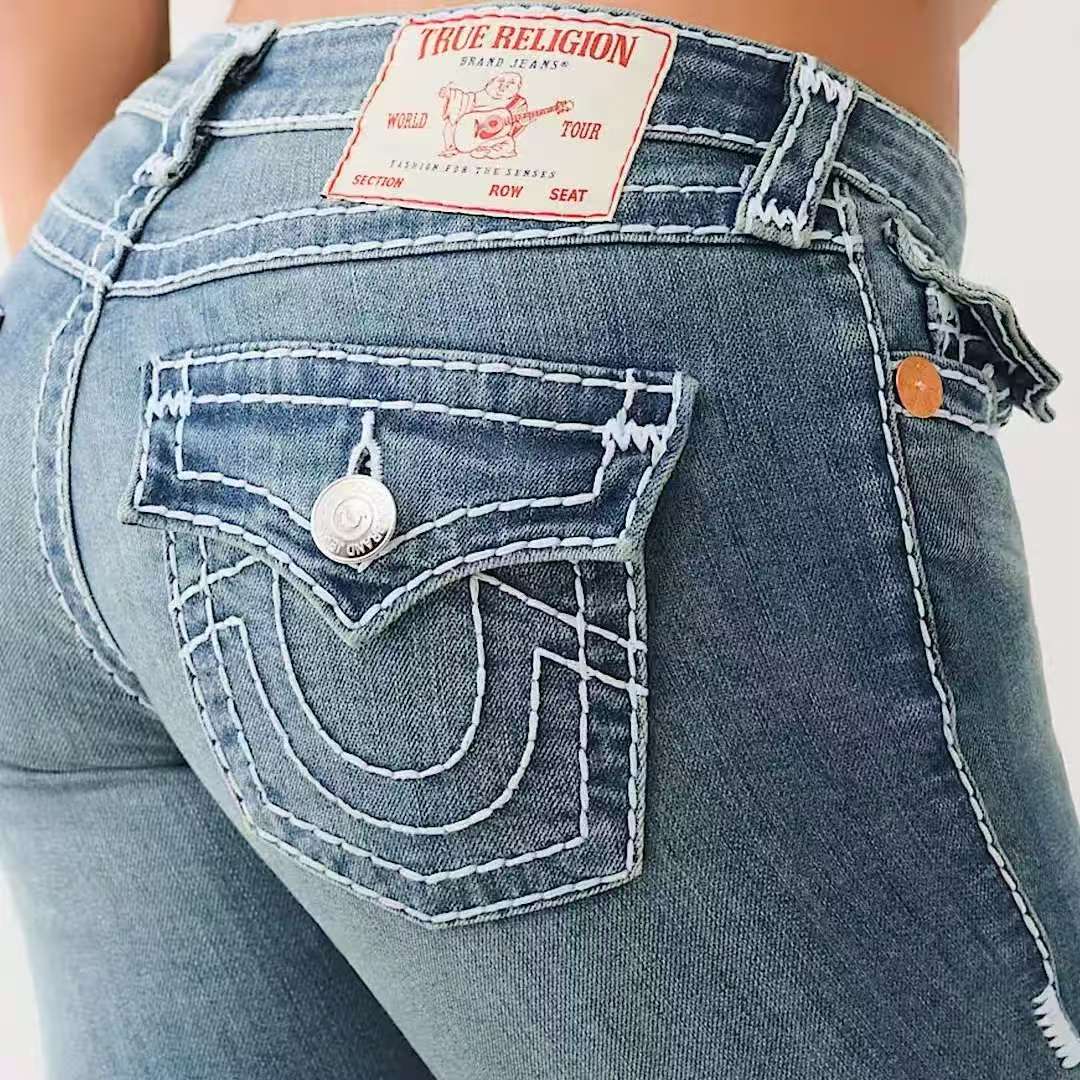 Luxury Designer True Denim Jeans For Womens Y2k Embroidery High Street Hot Girl Low Waist Slim European American Bell-Bottoms Skinny Pants Relgions Hip Hop Long Pants