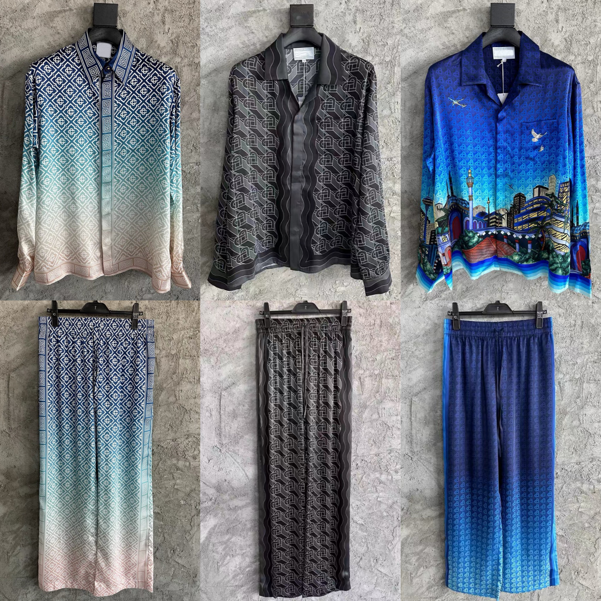 25ss Casabalna Hawaiian Vacation Long Sleeve Lapel Button Cardigan Silk Shirt Coat New Pattern Print Men and Women Casual Silk Drawstring Straight Leg Pants Set