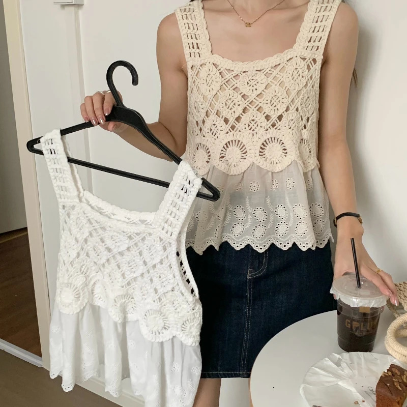 REALEFT Summer Bohemian Lace Crochet Womens Tank Tops 2025 Sleeveless Square Collar Hollow Out Knitwear Vest Tee for Women 250417