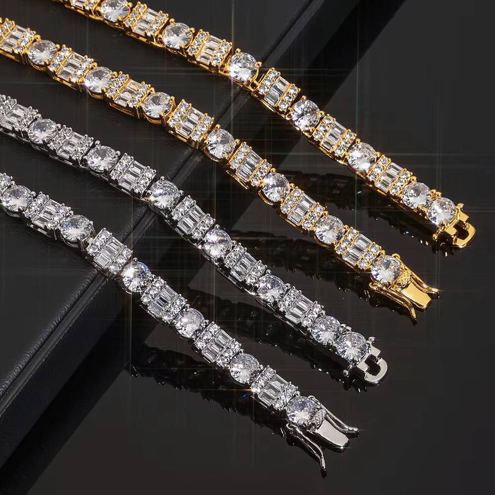 Moissanite Womens Hip Hop Tennis Chain Bracelet Iced Out Baguette Round Cut Zircon Silver Plated Diamond Fine Jewelry