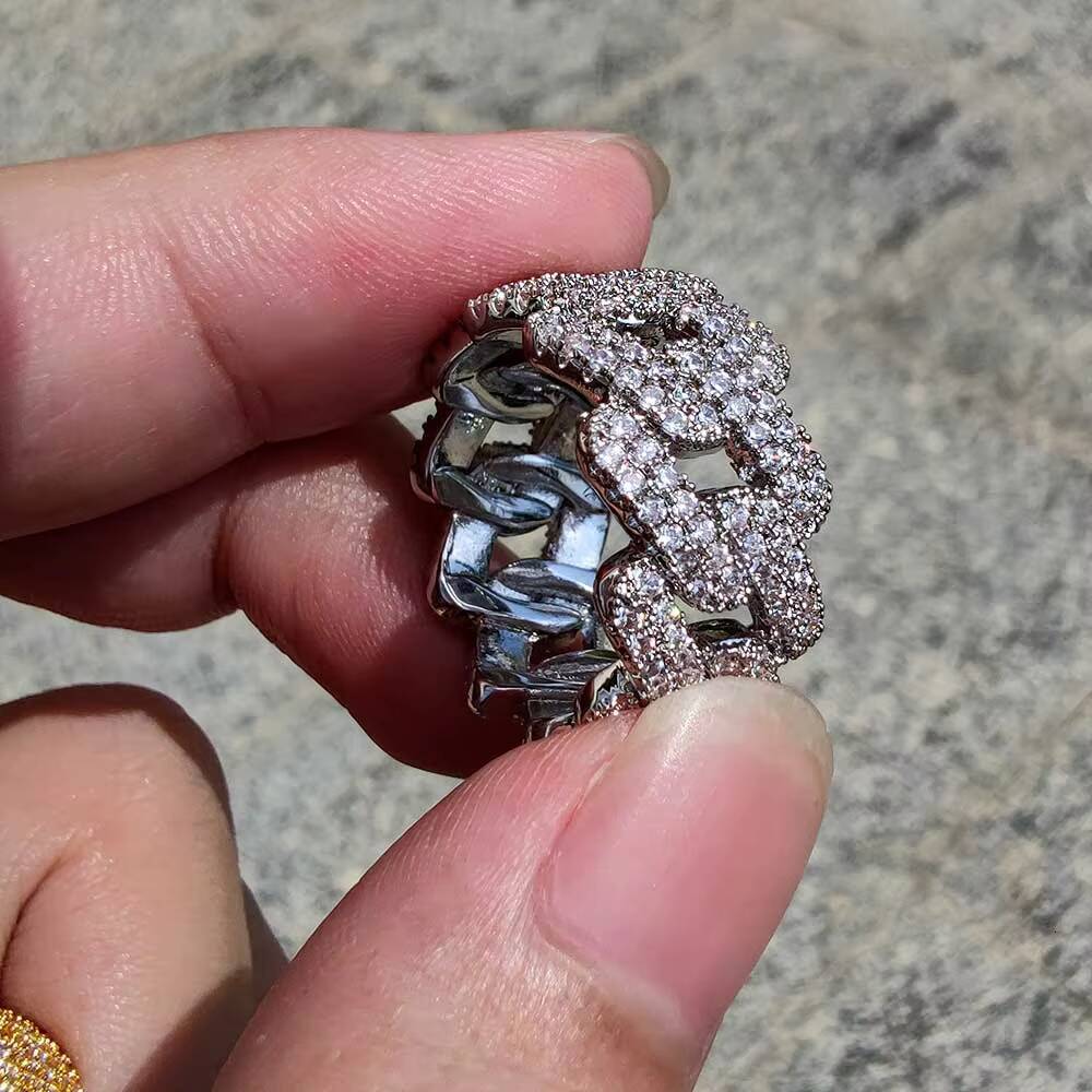 Moissanite Trendy Hip Hop Men Gold Diamond Ring Gold Plated Bling Cubic Zircon Iced Out Cuban Chain Rings