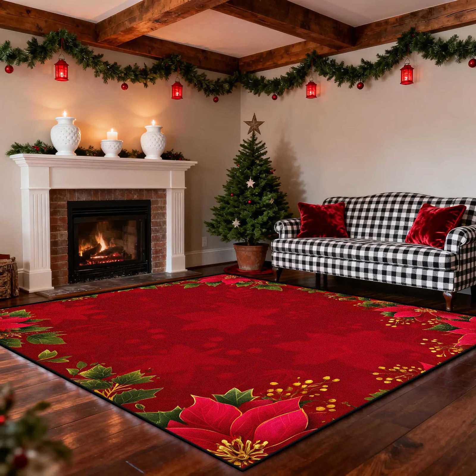 European Style Christmas Poinsettia Flower Decoration Carpet Living Room Large Area Plush Rugs Bedroom Warm Atmosphere Floor MatM251117