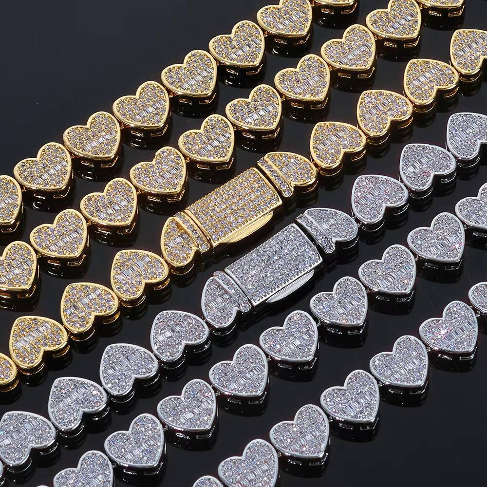Moissanite Silver Plated Cluster Tennis Chain 8mm Iced Out Zircon Mixed Inlay Baguette Diamond Heart Design Necklace Hip Hop Jewelry