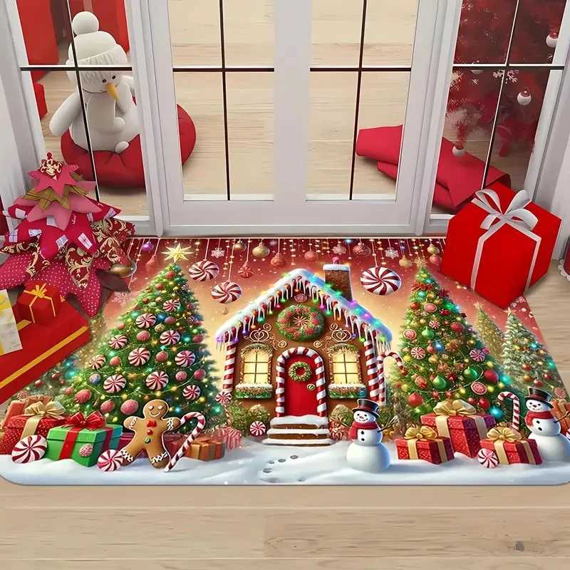 VIKAMA 1PC Christmas Doormat Featured Gingerbread House and Tree Design for Living Room Bedroom Kitchen Holiday DecorM251117