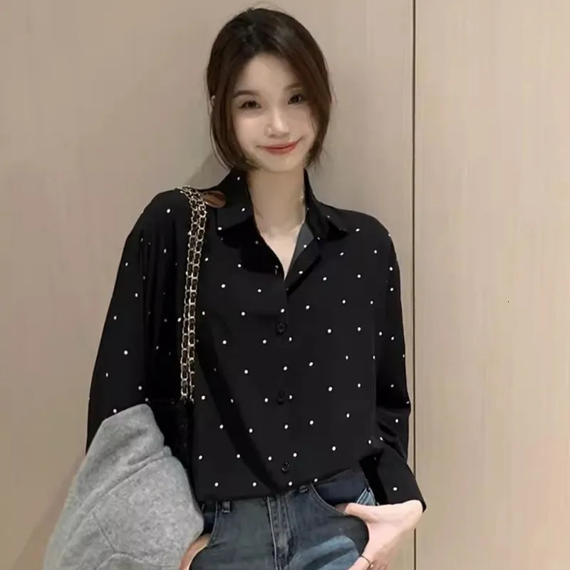 Retro Lapels Long-Sleeved Shirt For Women Loose And Casual Polka Dots Top Korean Version Loose Fit Versatile Spring Autumn 250417