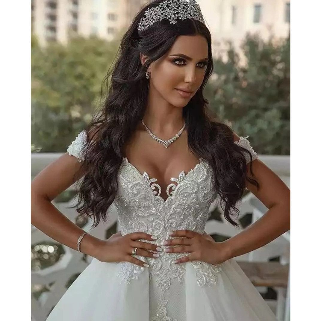 Arabic Plus Size Off Shoulder Mermaid Wedding Dress Appliques Lace Detachable Stunning Aso Ebi Bridal Gowns Custom Made N17 B0313