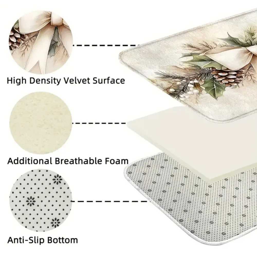 VIKAMA 1PC/2PC Christmas Bow Holly Leaf Doormat Indoor Entry Mat Front Doormat Kitchen Non-Slip Rug Holiday Home DecorM251117