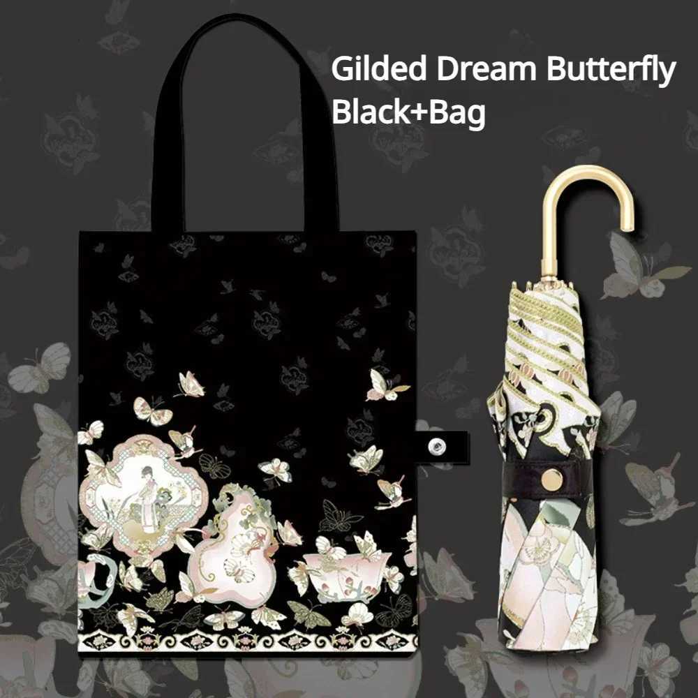 Folding Umbrella Urved Handle Gold Hook Umbrella Vintage Sun Umbrella Protection Anti-Uv Umbrell Rain Dual-Purpose Umbrella C251117