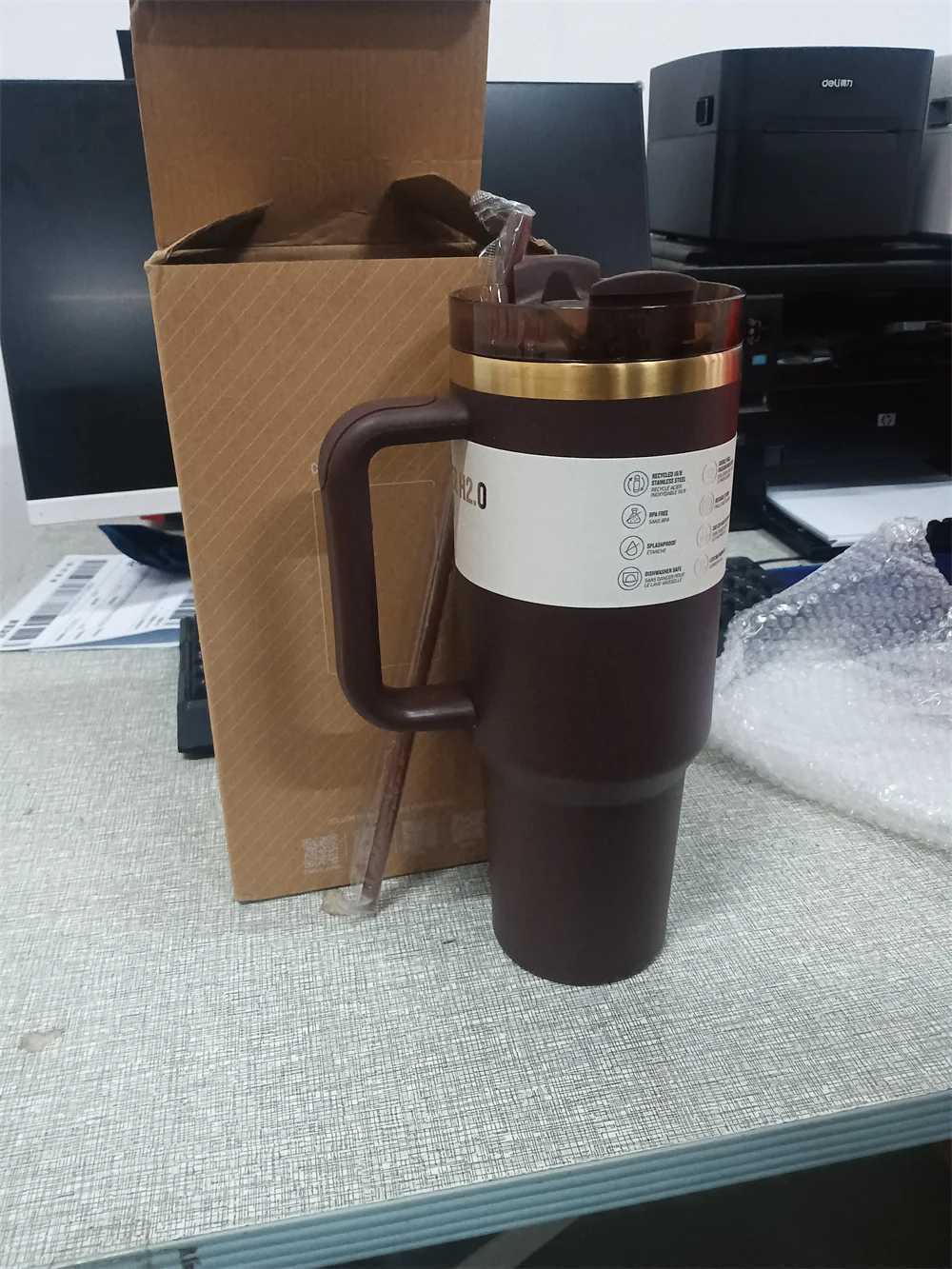 The new Real Picture 40 ounce chocolate brown color with a gold bottom drum for laser engraved insulated travel cups in 2025 keeping you cool S25417