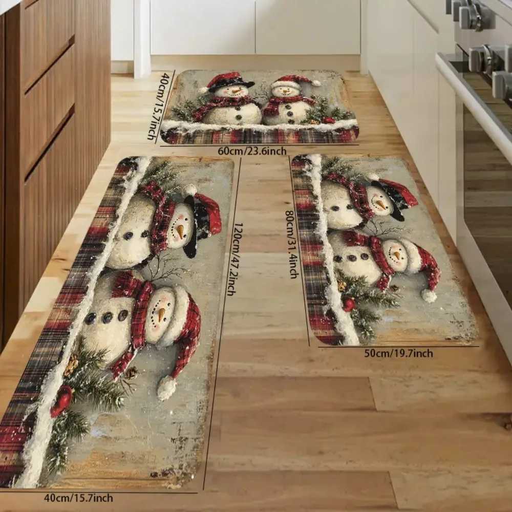 1pc Country Style Christmas Snowman Doormat Soft Non-Slip Machine Washable Plaid Border Holiday Kitchen Decor Home Entry RugM251117