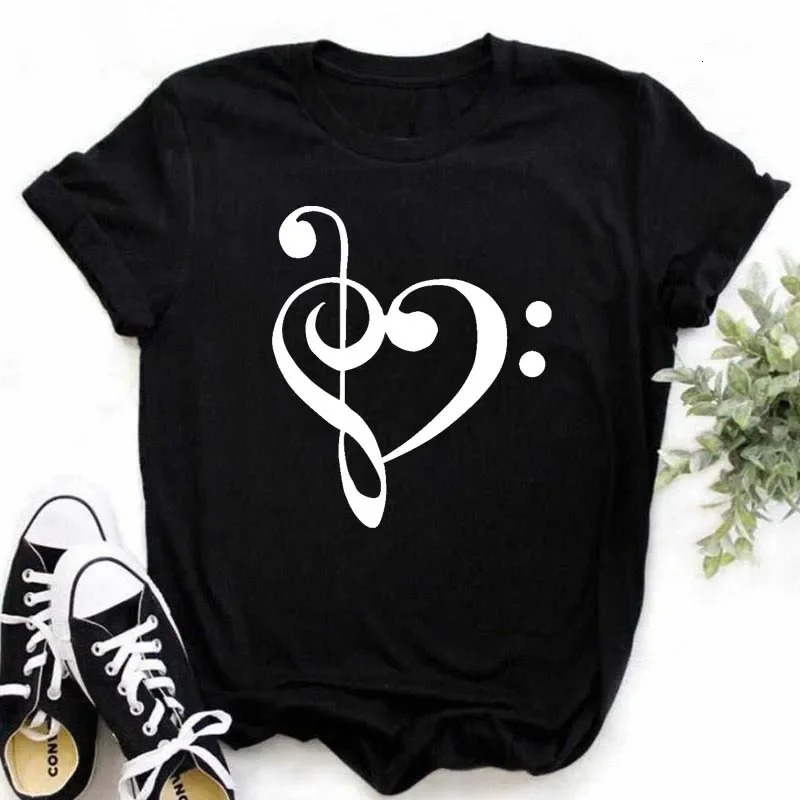 Plus Size Maycaur Harajuku Women T Shirt Music Note Printed Tops Women Black T-shirt Ladies Fashion Graphic Tees Female Tops 250417