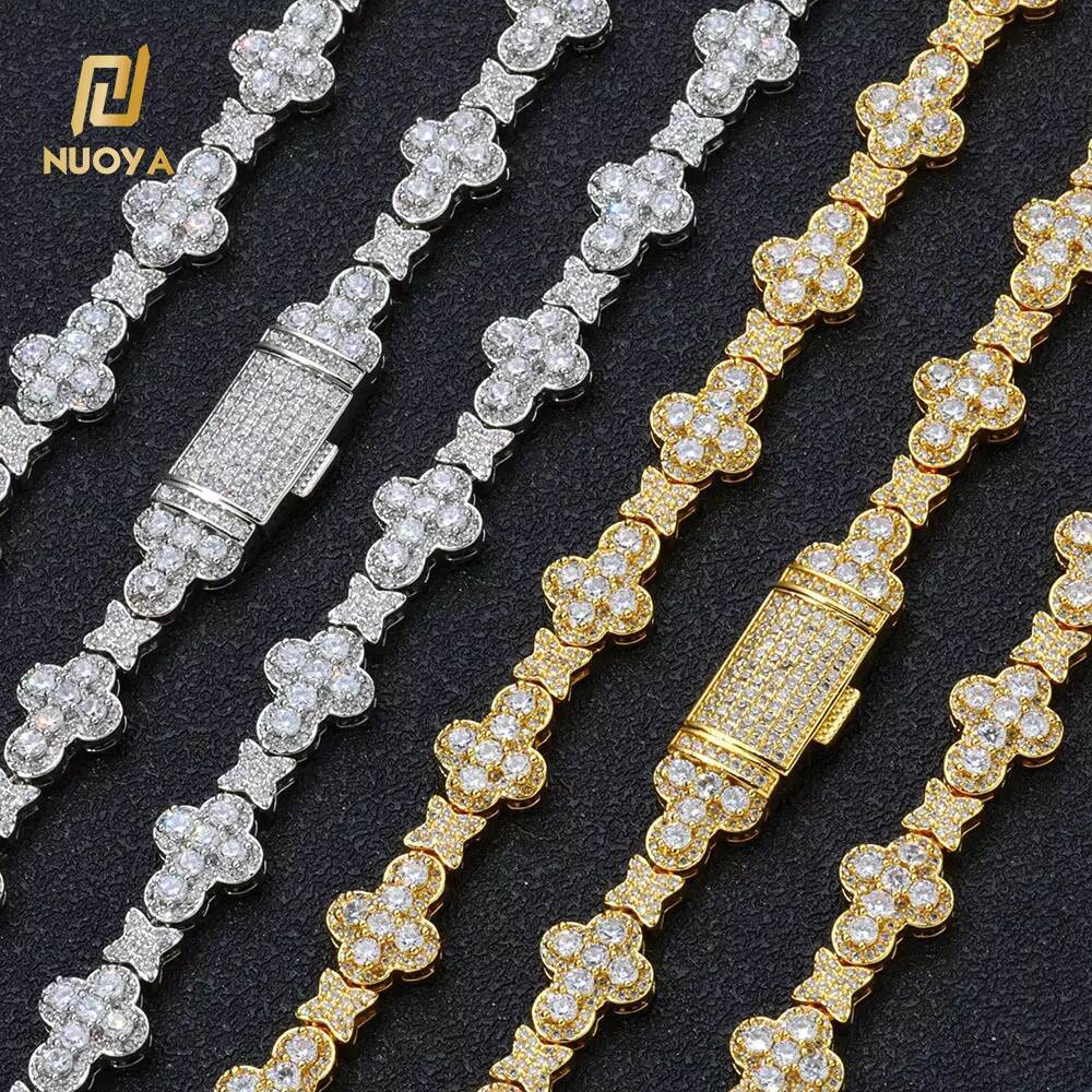 Laboratory cultivation of Moissanite Gold Plated Full Pave Zircon Choker Necklace Iced Out Diamond Cross Link Chain Flower Design Shiny Hip Hop Jewelr