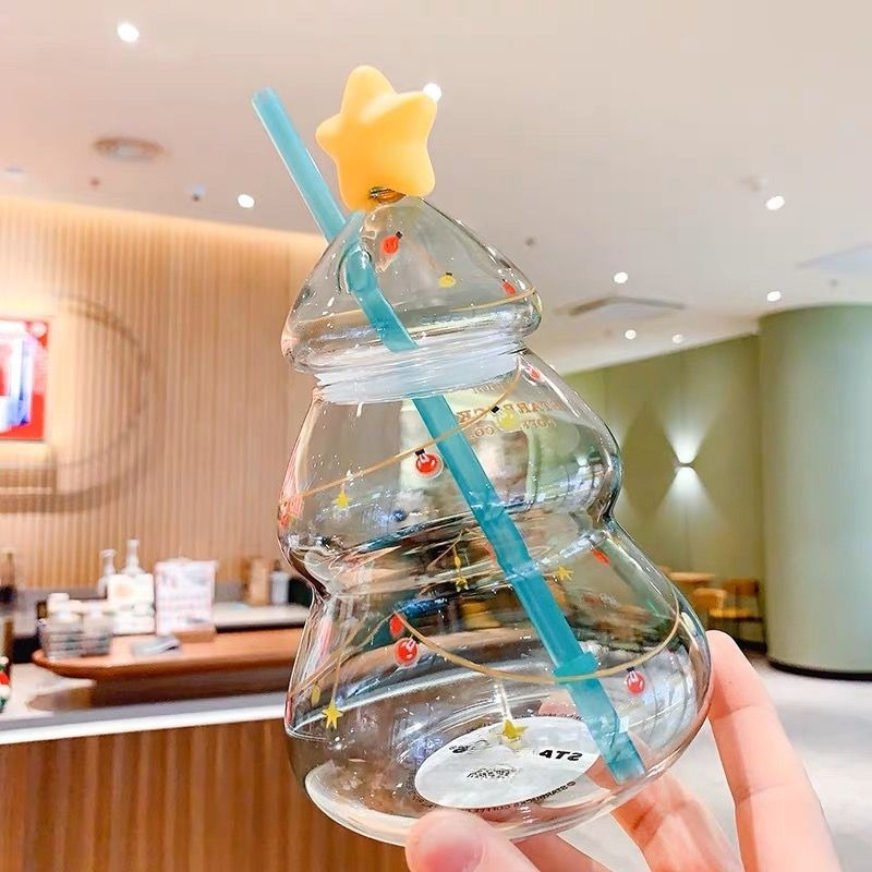 Star-buck 20oz Glass Cup Green Bear with Straw, Cute Transparent Travel Cup with Lid, Iced Coffee Cold Drink Christmas and New Year Gift, Bearista Lim