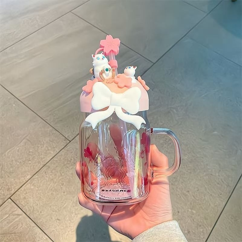 Star-buck 20oz Glass Cup Green Bear with Straw, Cute Transparent Travel Cup with Lid, Iced Coffee Cold Drink Christmas and New Year Gift, Bearista Lim