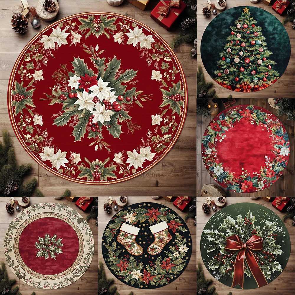 Festive Holly Berries Round Christmas Rug Washable Non-Slip Floor Mat for Bedroom Bathroom Holiday Home DecorM251117