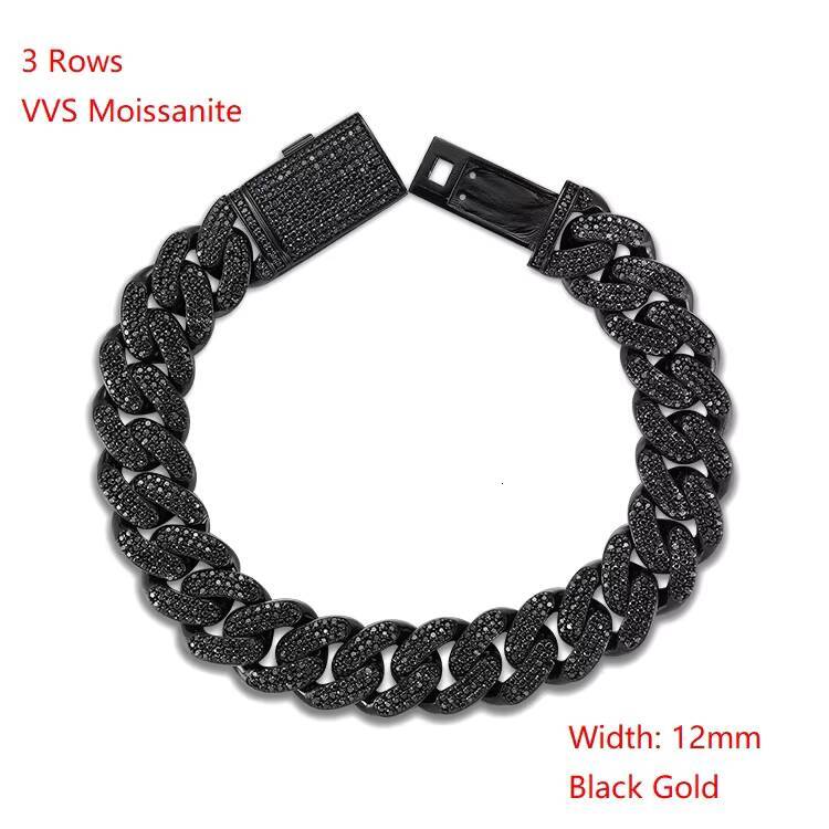 Luxury Men Prong Settling 12mm Miami Cuban Bracelet 3 Rows Black Gold Men Moissanite Cuban Link Chain in 925 Silver