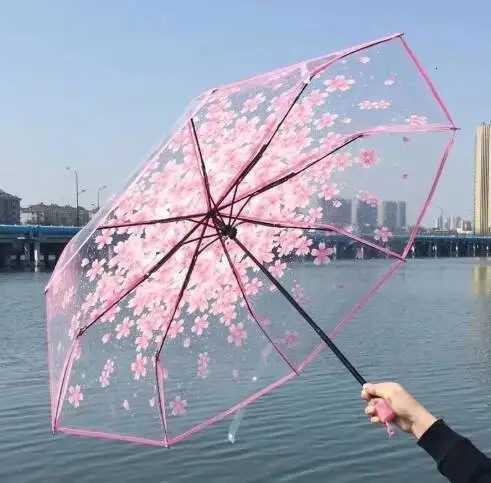 1PCS Portable Cute Flower Household Gear Cherry Blossom Transparent Wind And Rain Protection 3 Fold PVC Umbrella C251117
