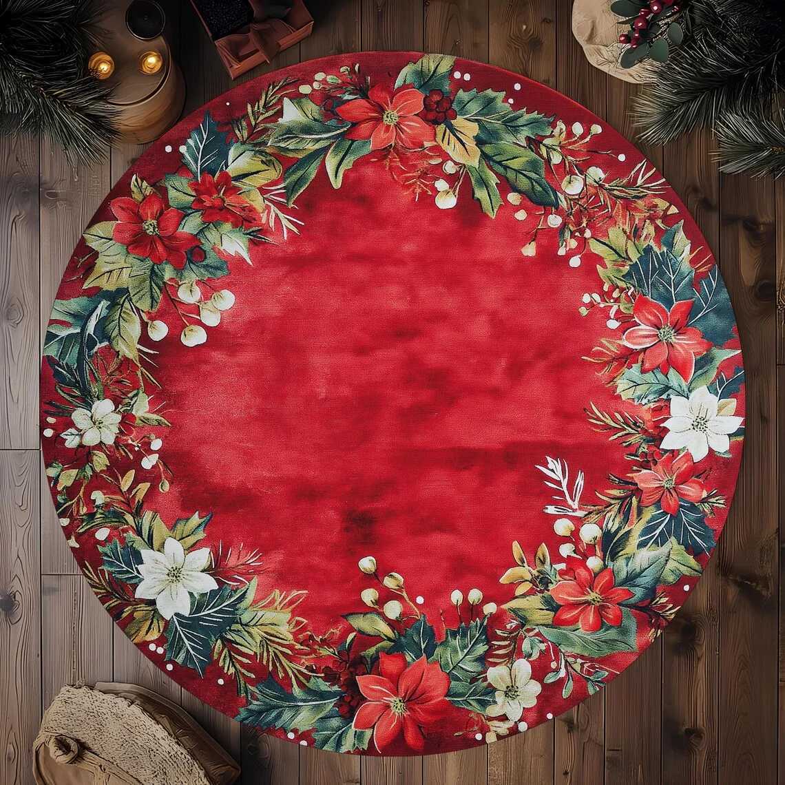 Festive Holly Berries Round Christmas Rug Washable Non-Slip Floor Mat for Bedroom Bathroom Holiday Home DecorM251117