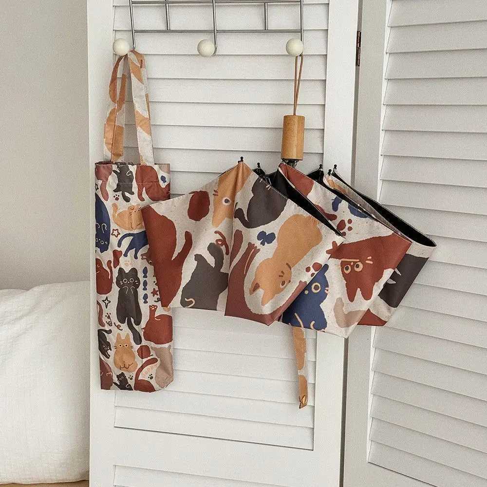 Modern Abstract Cat Printed Auto Umbrella - 3-Fold Portable Design Thick Black Lining Blocks 99 UV Artistic Durable 8 Ribs C251117