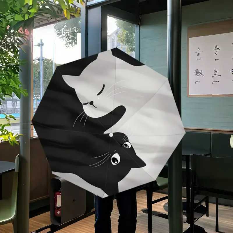 Black and white cat three-fold umbrella dual-purpose automatic sunshade rainproof sunscreen and UV protection portable C251117