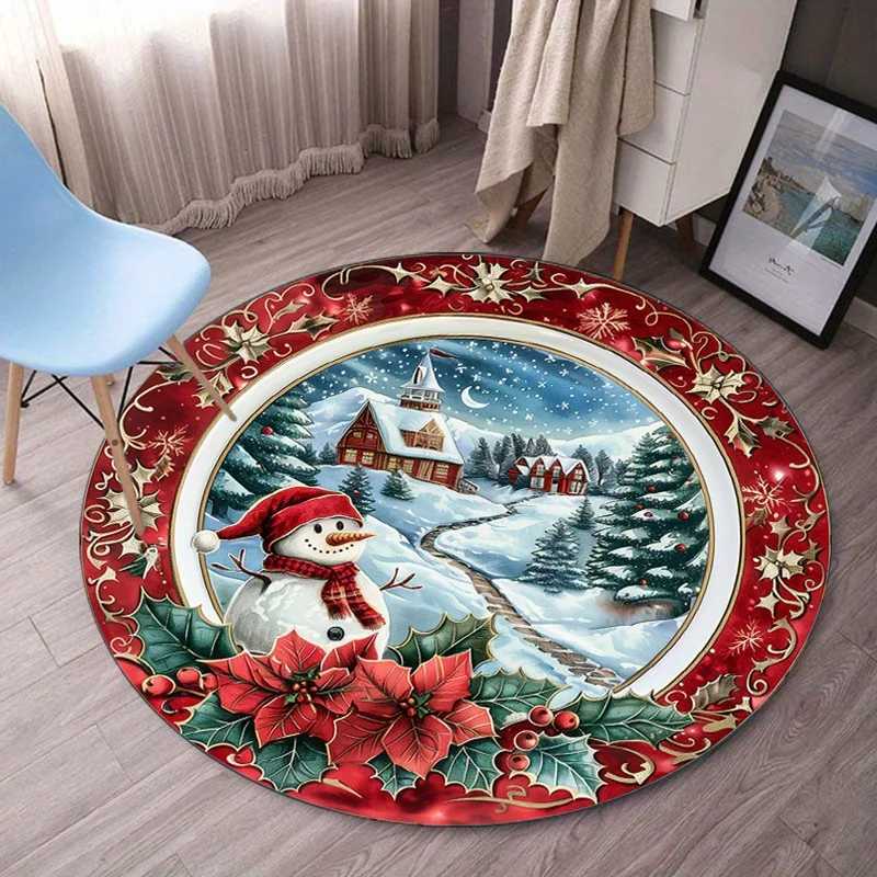 Christmas Snowman Village Scene Round Rug Red Green Winter Holiday Theme Home Decor Living Room Floor Mat Festive DecorationM251117