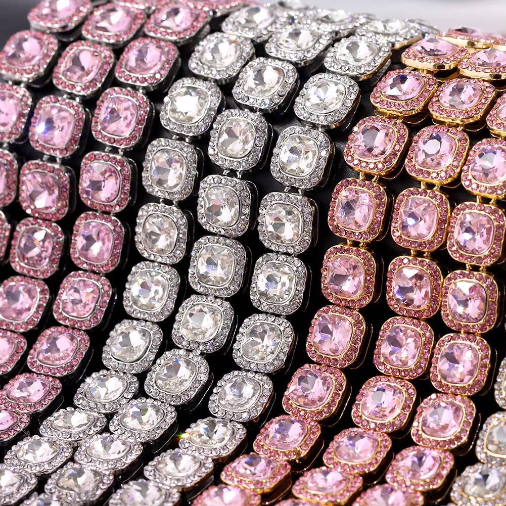 AAA GEMS Bling Pink Square Crystal Link Chain Necklace Hip Hop Gold Silver Color 13mm Luxury Cuban Choker Necklace Jewelry