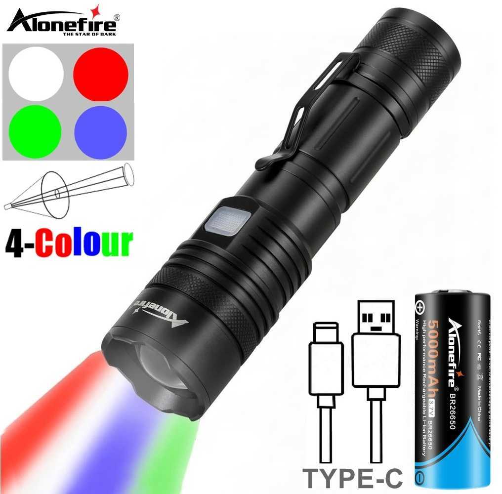 Zoom 4-Colour light White/Red/Green/Blue LED Flashlight USB Rechargeable Fishing Camping Hunting Photography Selfie Hiking Torch M251117