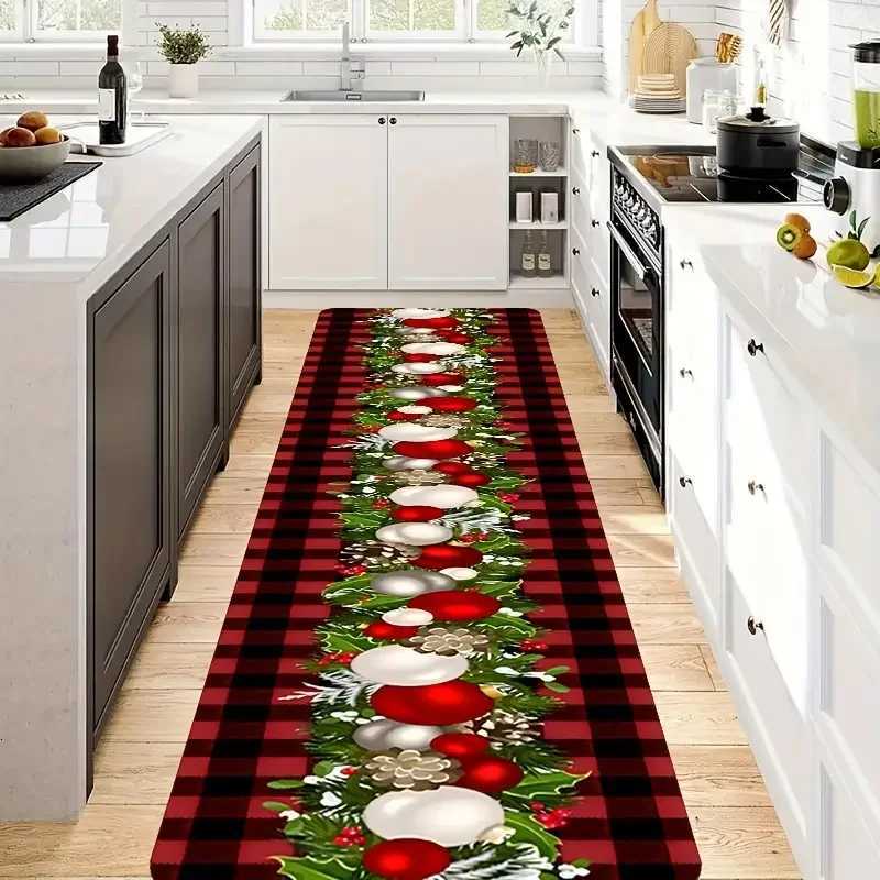 VIKAMA Christmas Tartan Runner Rug Soft And Non-Slip Design With Christmas Baubles And Bows Hallway Runner Mat For Home DecorM251117