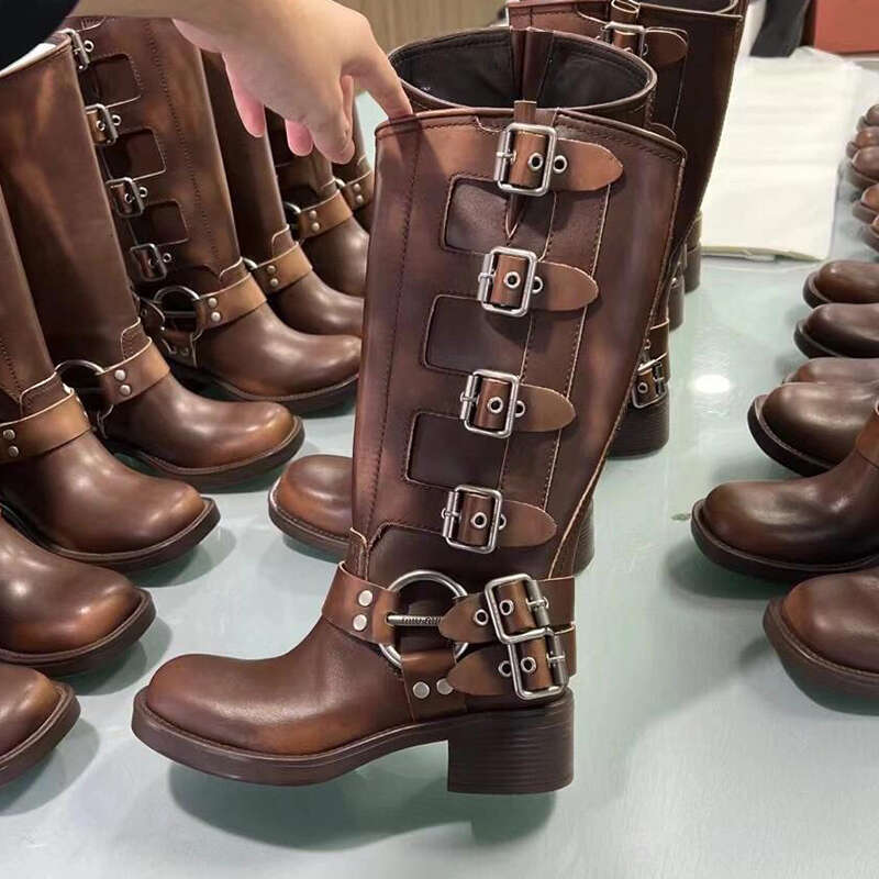 Designer boots Harness Belt Buckled cowhide leather Biker Knee chunky heel zip Knight boots Fashion square toe Ankle Booties for women luxury designer shoes factory