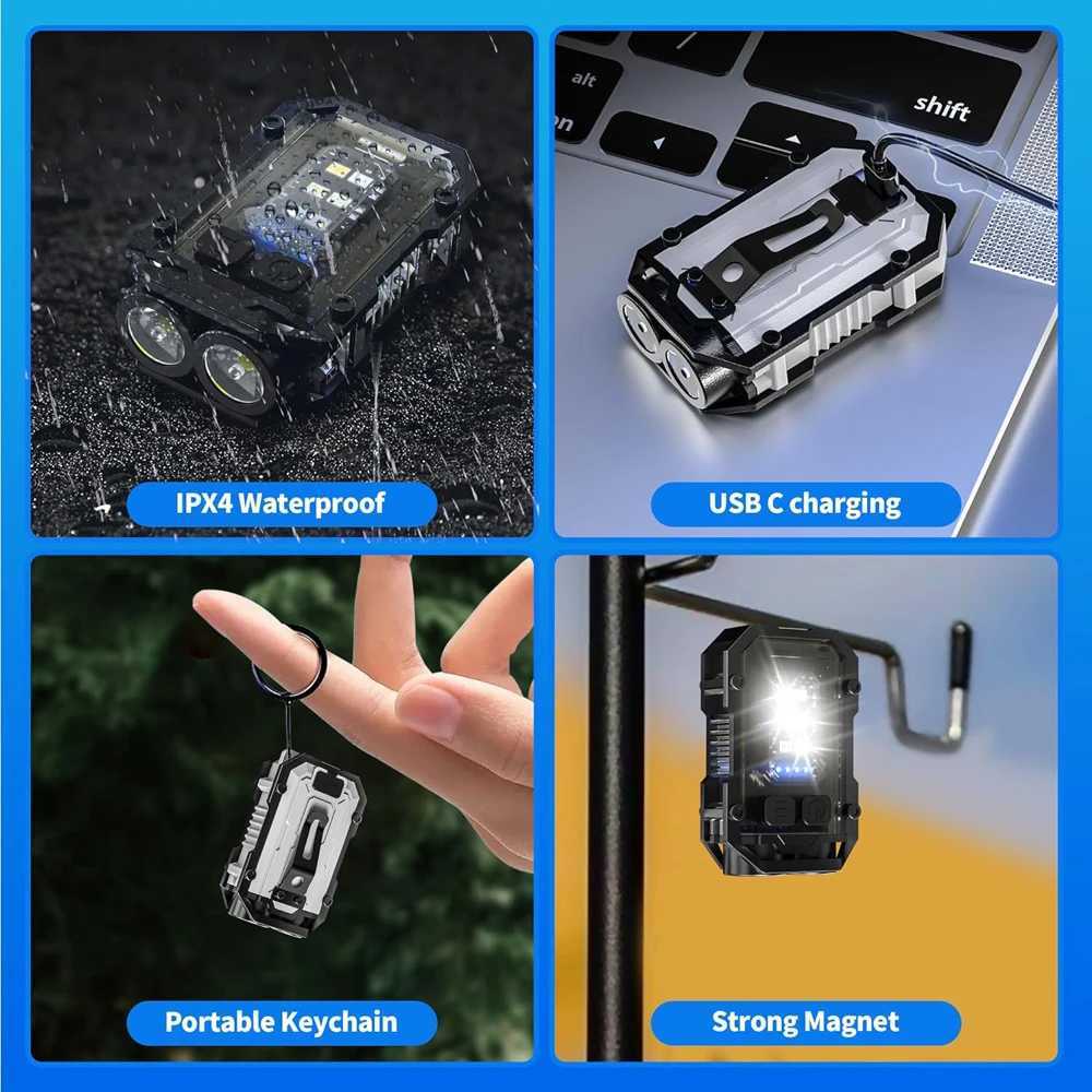 LED Keychain Flashlight Rechargeable Mini 800LM USB C 8 Modes Flash Light Magnetic Keychain for Camping Running Emergency Hiking M251117