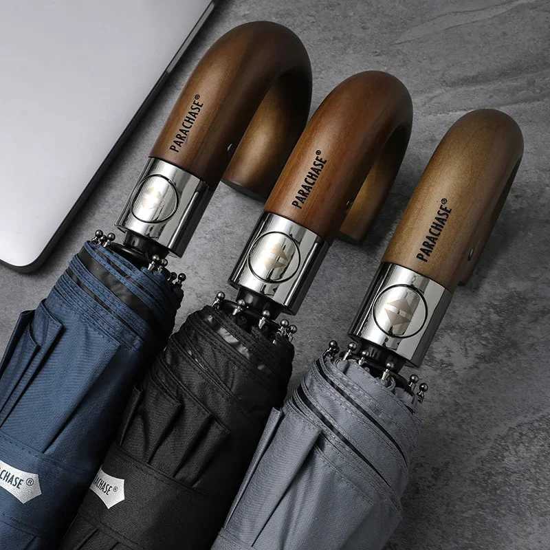 Wooden Hook Handle Clear Umbrella Automatic Business Men Big Umbrella Rain Women UV Parasol Sun Umbrella 10K Windproof C251117