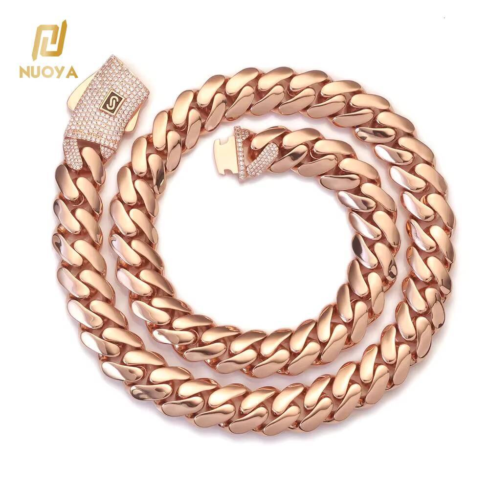 Moissanite Rose Gold Cuban Link Chain Necklace with Iced Out Diamond Clasp Thick Flat Monaco Cuban Chain Hip Hop Jewelry Gift